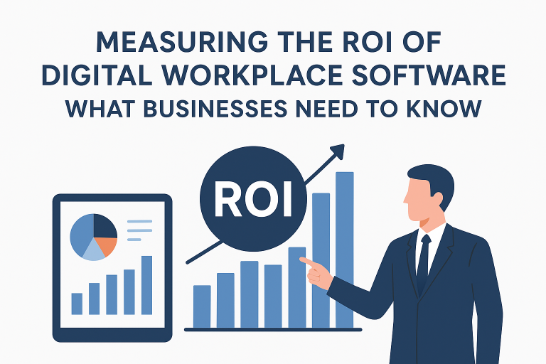 Infographic showing a businessman pointing at rising bar charts with the word “ROI” highlighted, representing the measurement of return on investment in digital workplace software.